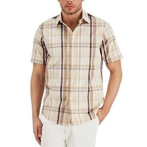 Tasso Elba Men's Beige Plaid Classic Fit Button Down Cotton Casual Shirt XL